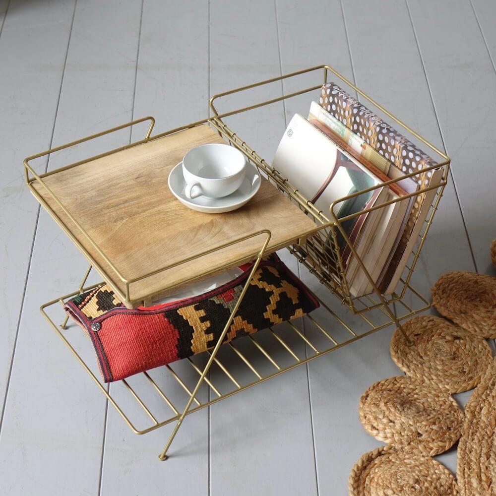 リーフデザイン ヴィンテージ マガジンラック アンティークゴールド エレガント Mango wood magazine rack by Madam Stoltz - Bellbet