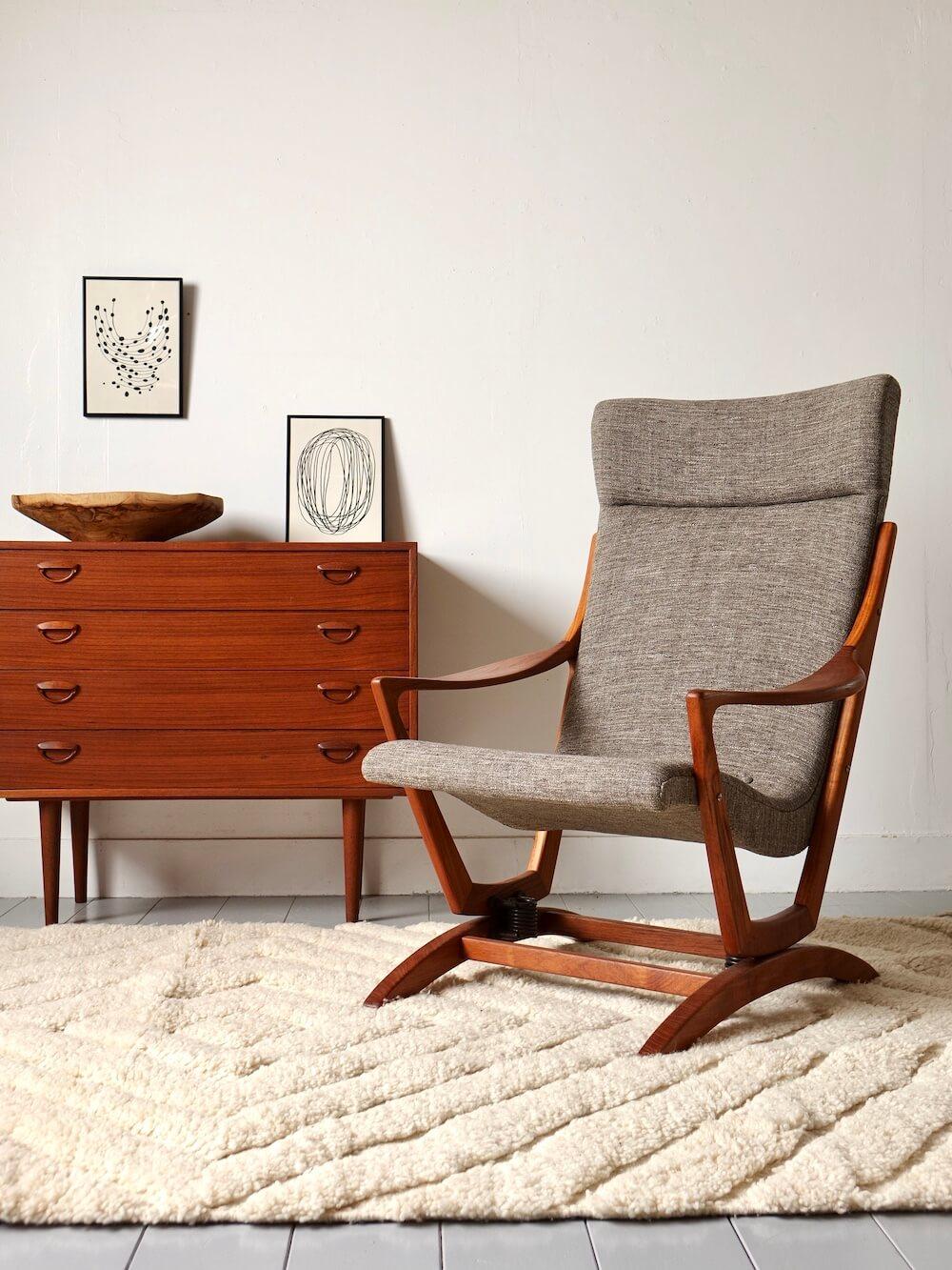 Vintage Teak High Back Rocking Chair, 1960s